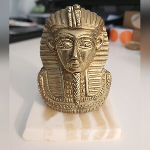 Egyptian King Tutankhamun Sphinx Egyptian Pharaon Brass Bust on alabaster Base.